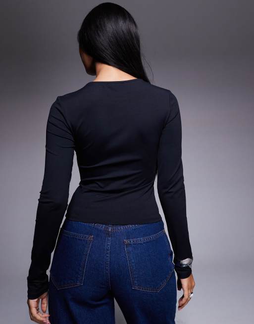 ASOS DESIGN polyamide slinky long sleeve top in black, 4 of 4