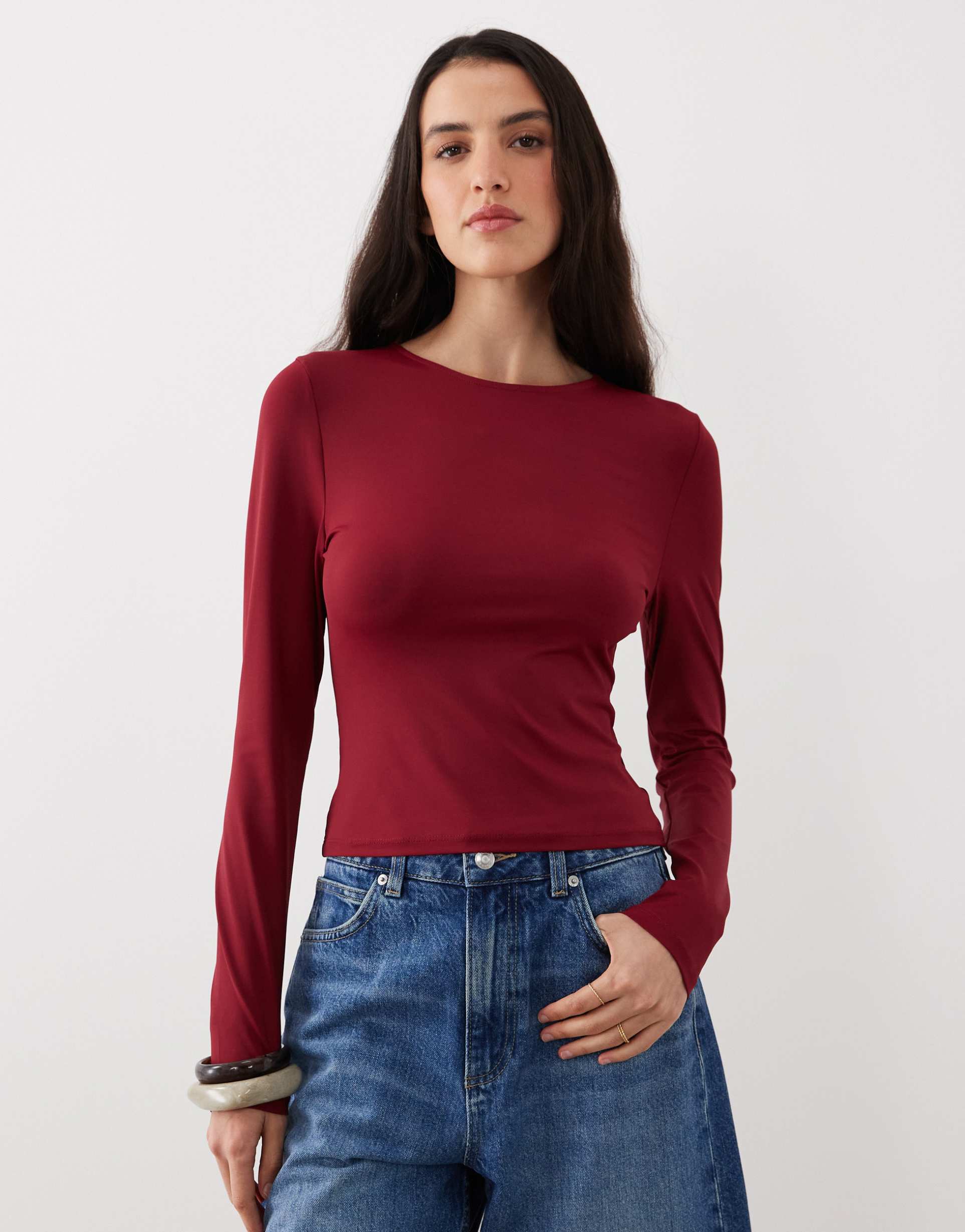 asos design polyamide slinky long sleeve top in burgundy