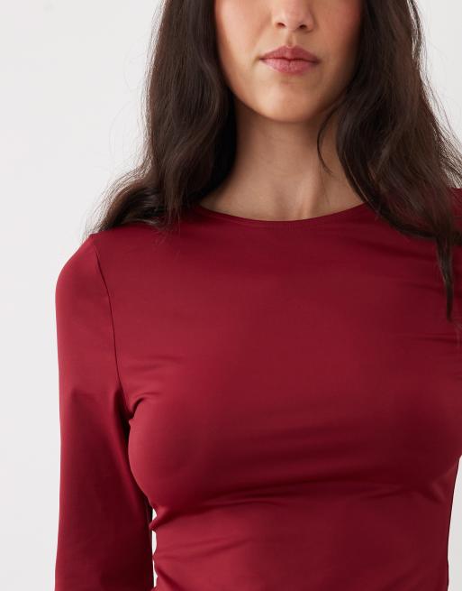 ASOS DESIGN polyamide slinky long sleeve top in burgundy, 3 of 4