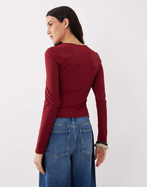 ASOS DESIGN polyamide slinky long sleeve top in burgundy, 4 of 4