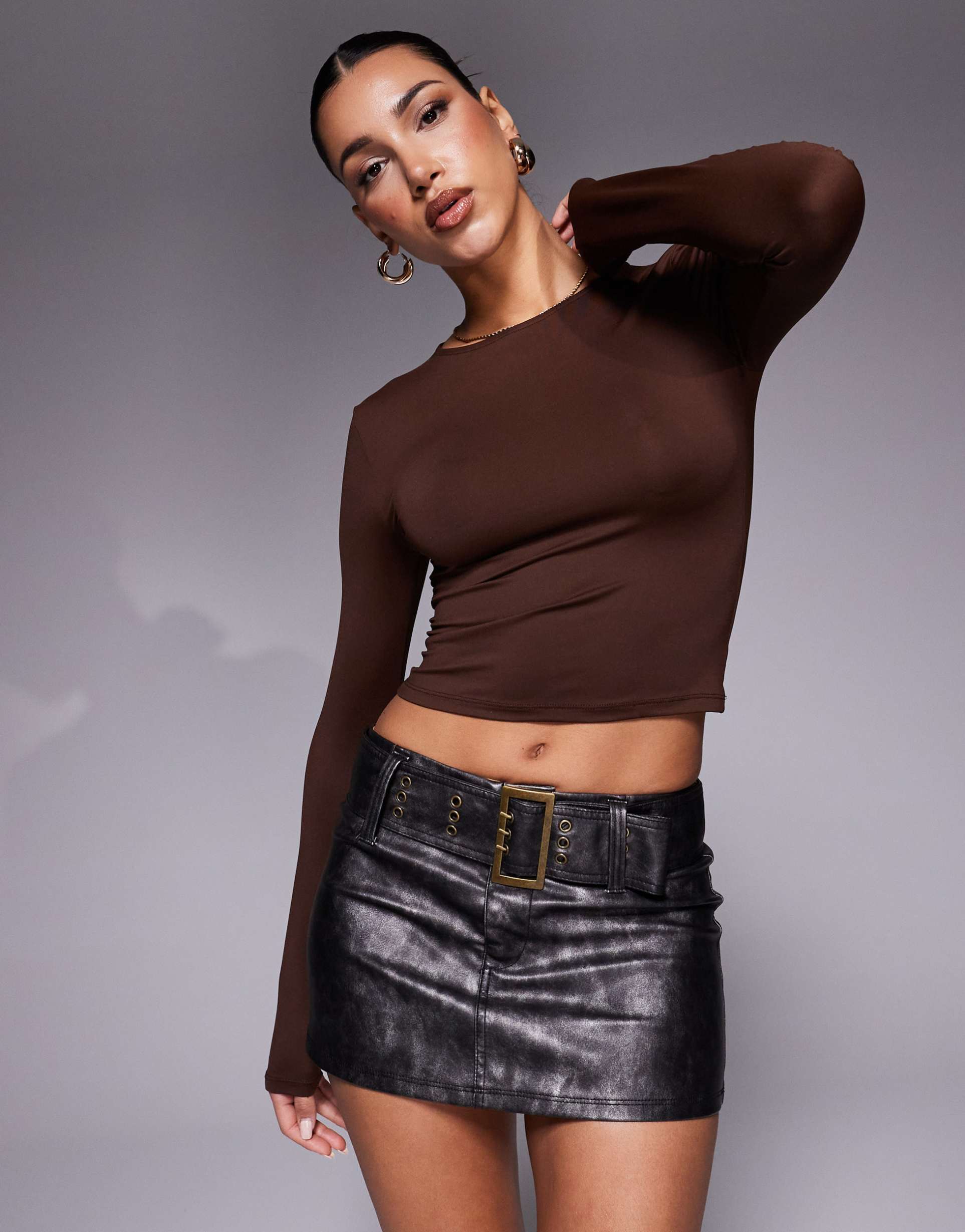 asos design polyamide slinky long sleeve top in chocolate