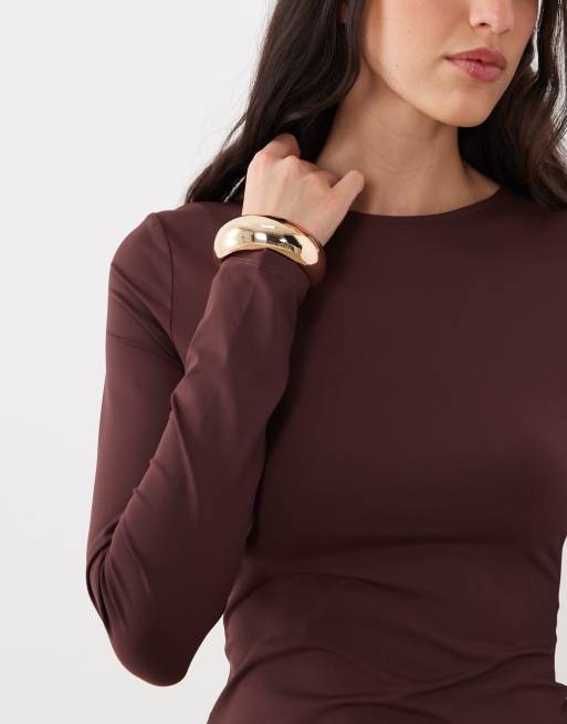 ASOS DESIGN polyamide slinky long sleeve top in chocolate, 3 of 4