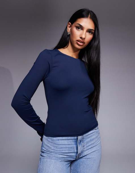 ASOS DESIGN polyamide slinky long sleeve top in navy - view 1