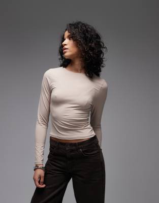 Asos Design Polyamide Slinky Long Sleeve Top In Neutral