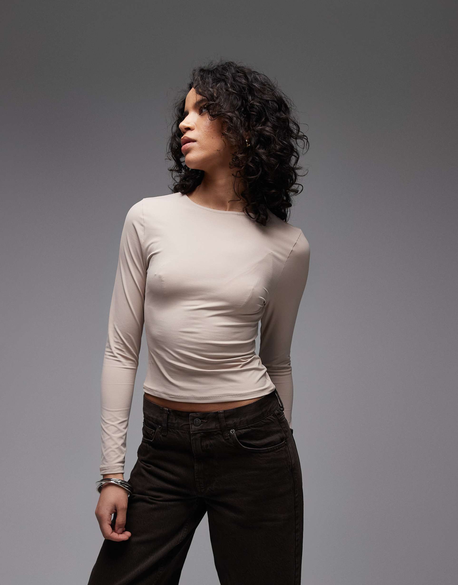 asos design polyamide slinky long sleeve top in stone