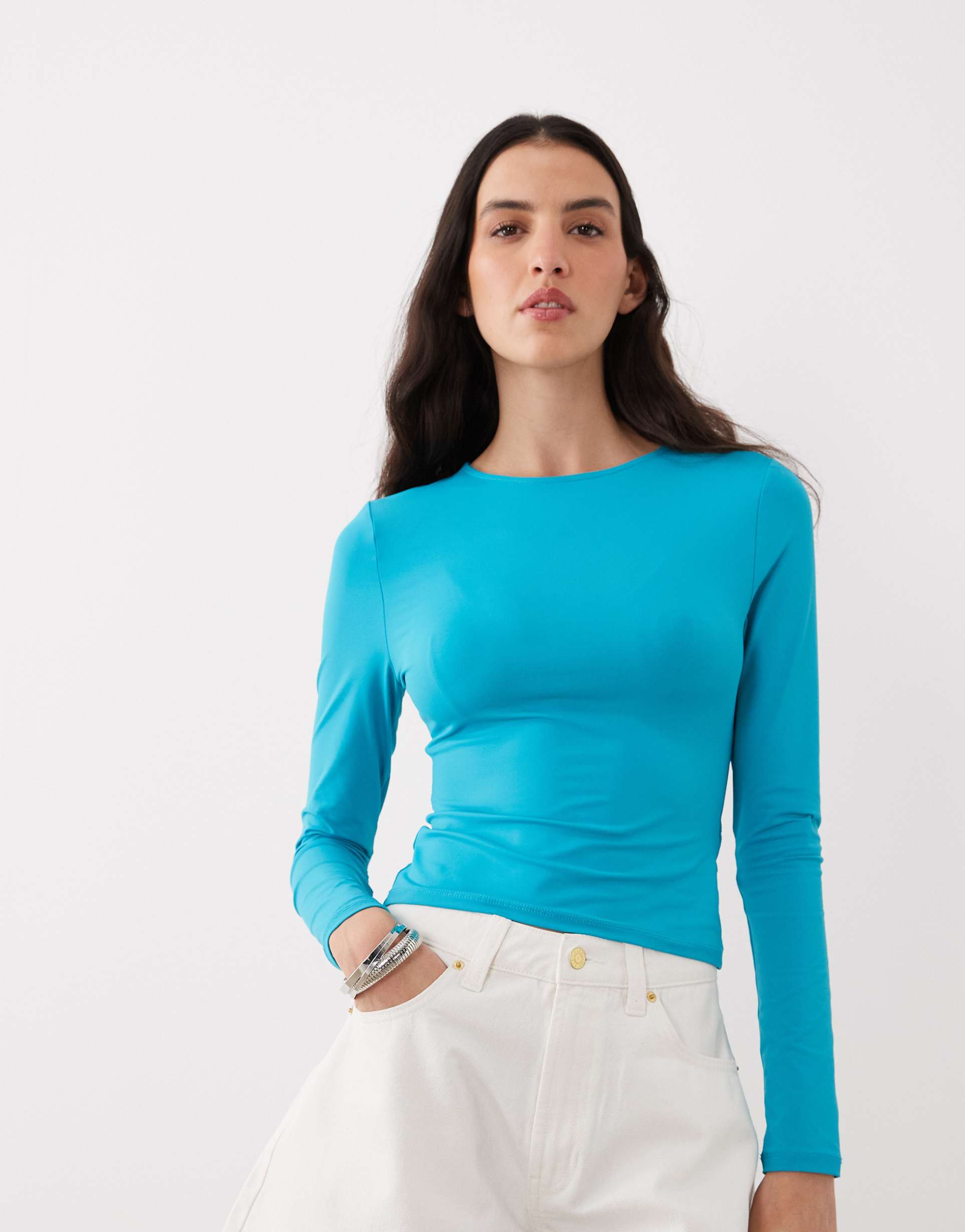asos design polyamide slinky long sleeve top in teal