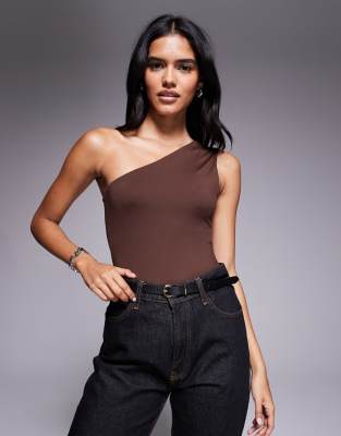 Asos Design Polyamide Slinky One Shoulder Bodysuit In Brown