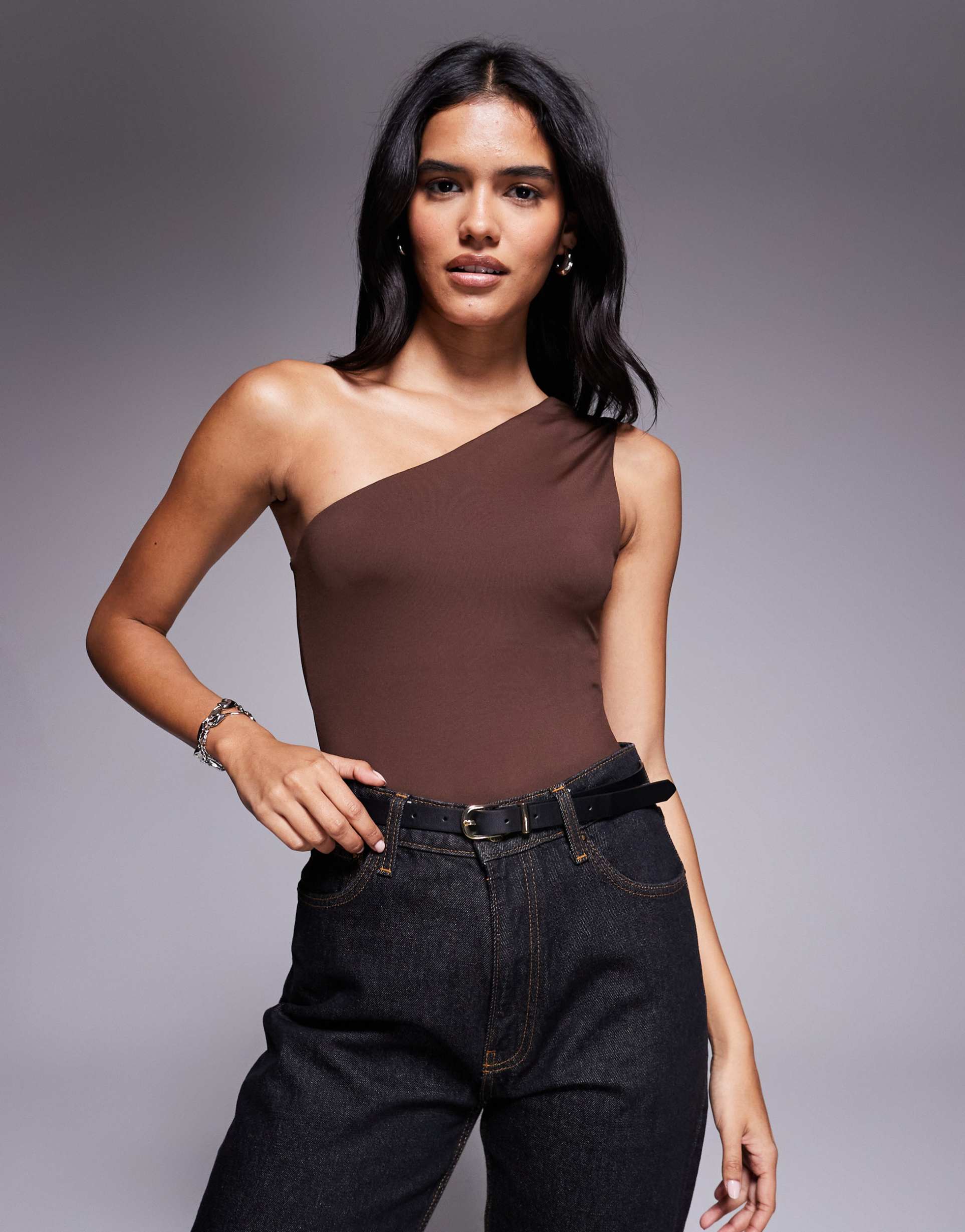 asos design polyamide slinky one shoulder bodysuit in chocolate
