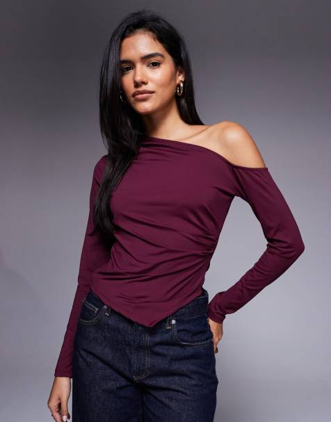ASOS DESIGN polyamide slinky one shoulder drape asymmetric top in berry - view 1