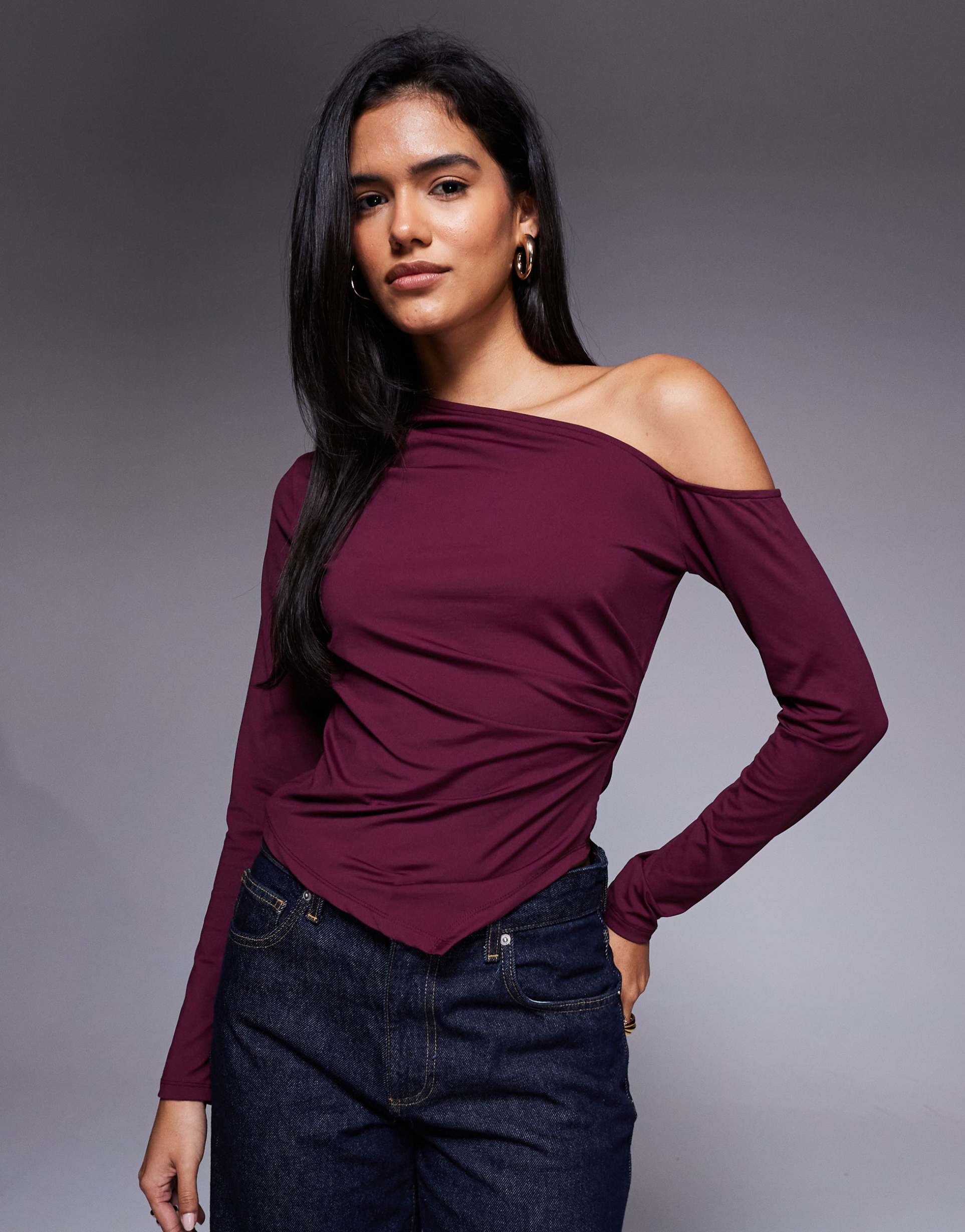 asos design polyamide slinky one shoulder draped asymmetric top in berry
