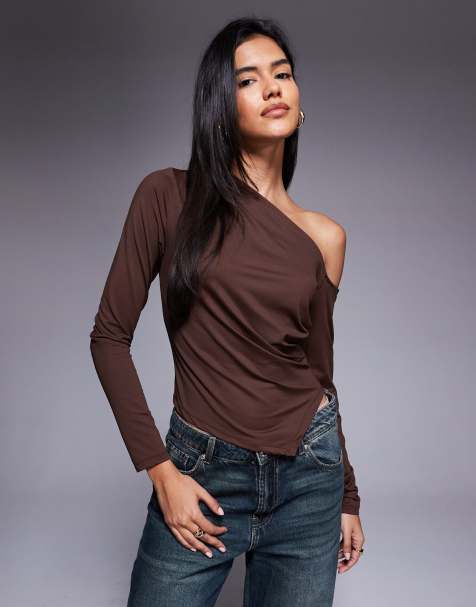 ASOS DESIGN polyamide slinky one shoulder draped asymmetric top in brown - view 1