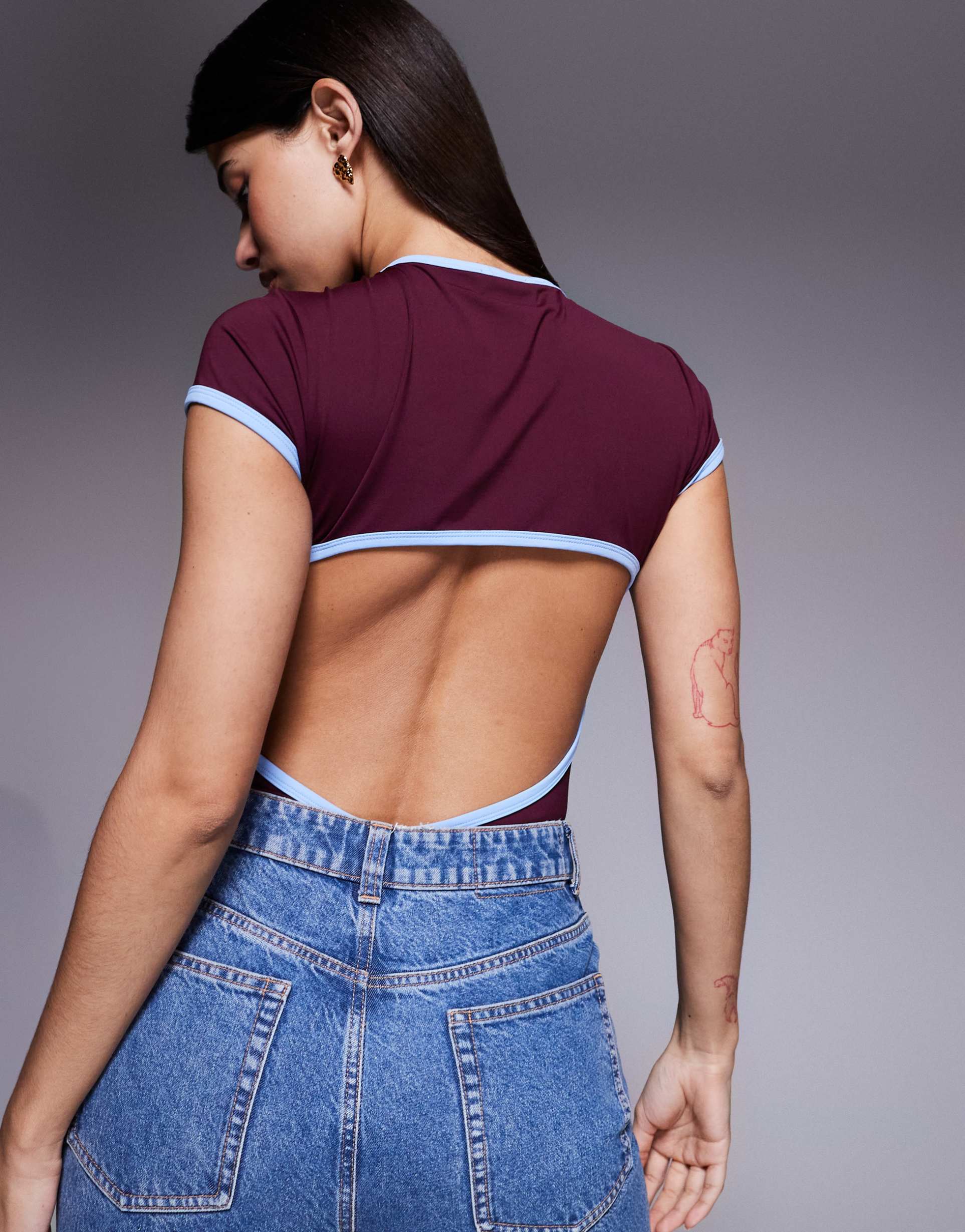 asos design polyamide slinky open back bodysuit in berry with blue contrast piping