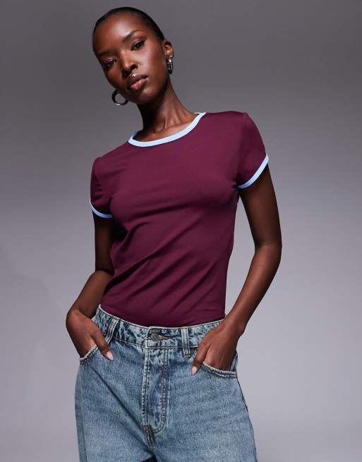 ASOS DESIGN polyamide slinky open back bodysuit in berry with contrast piping in blue