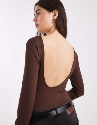 Asos Design Polyamide Slinky Open Back Long Sleeve Bodysuit In Brown