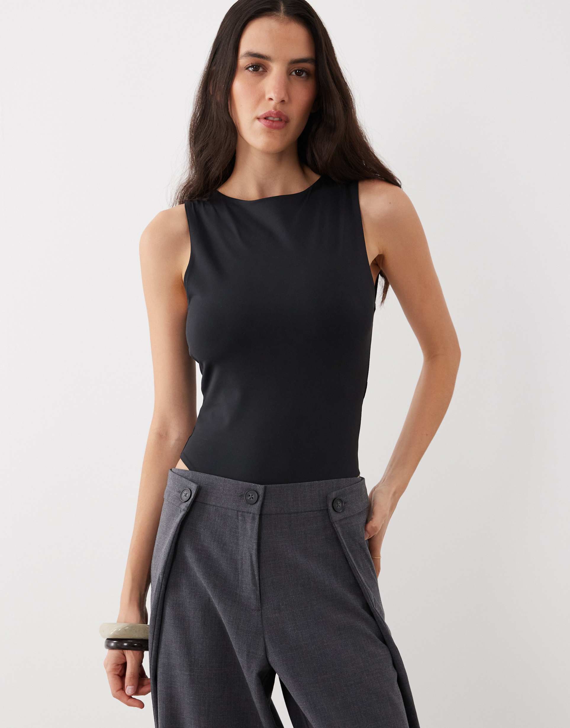 asos design polyamide slinky open back racer bodysuit in black