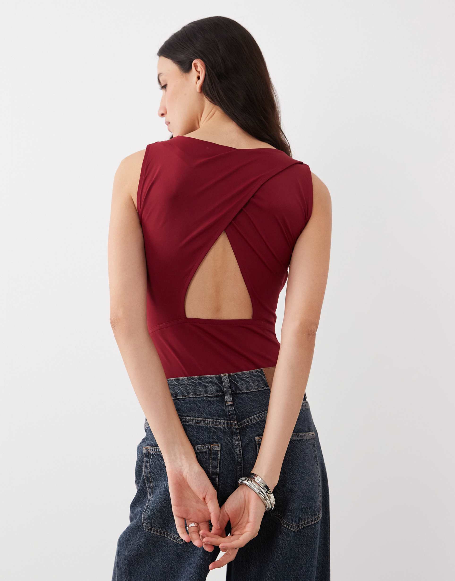 asos design polyamide slinky open back racer bodysuit in burgundy