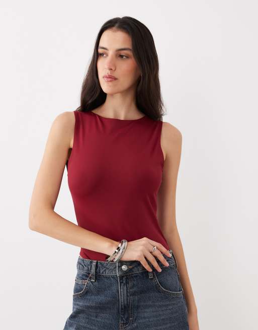 ASOS DESIGN polyamide slinky open back racer bodysuit in burgundy, 3 of 4