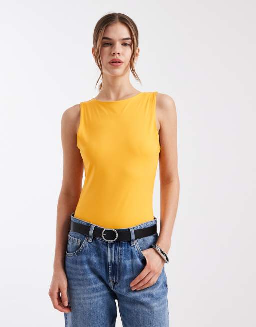 ASOS DESIGN polyamide slinky open back racer bodysuit in orange, 3 of 4