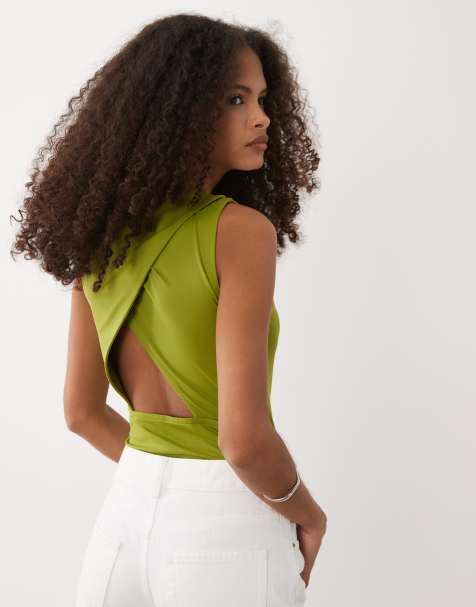 ASOS DESIGN polyamide slinky open racer back bodysuit in green - view 1