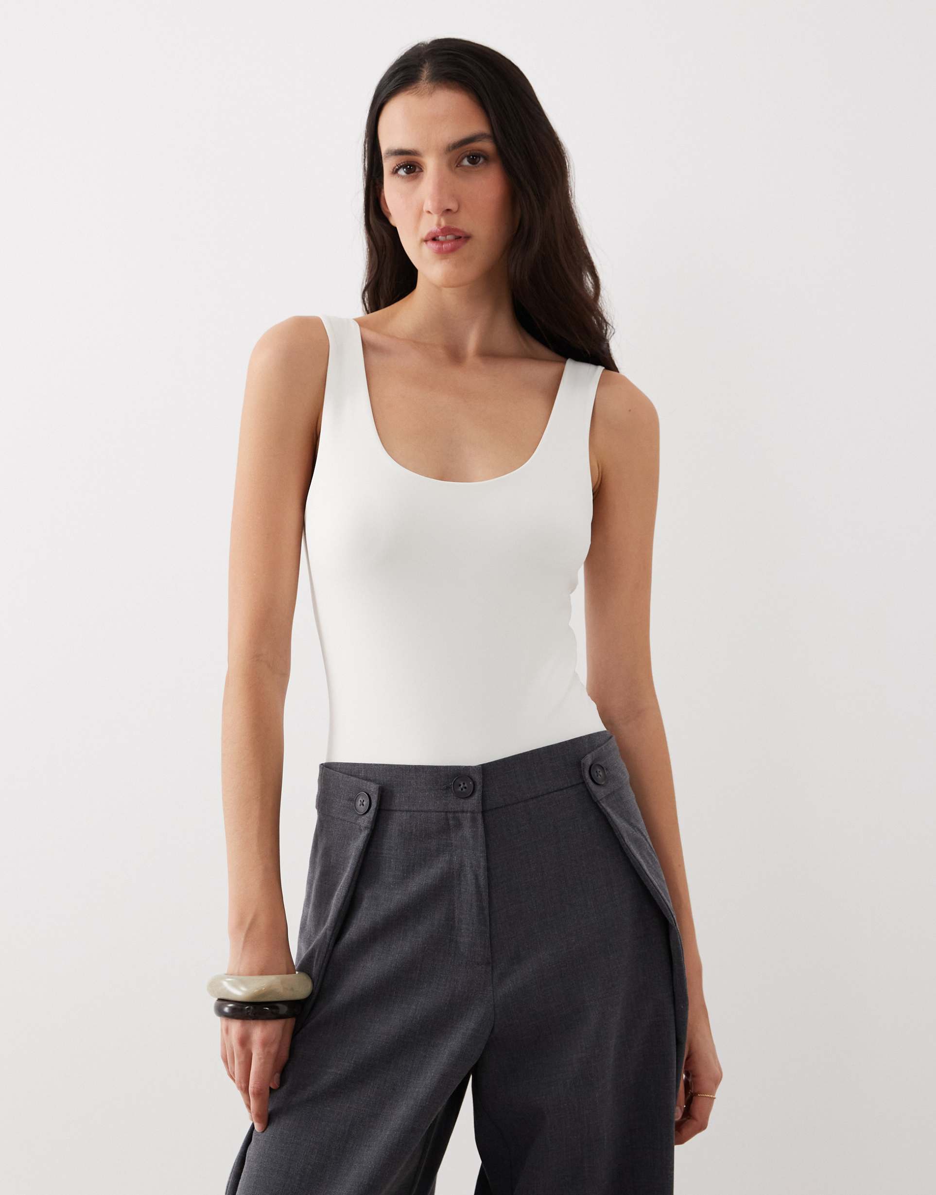 asos design polyamide slinky scoop bodysuit in ivory