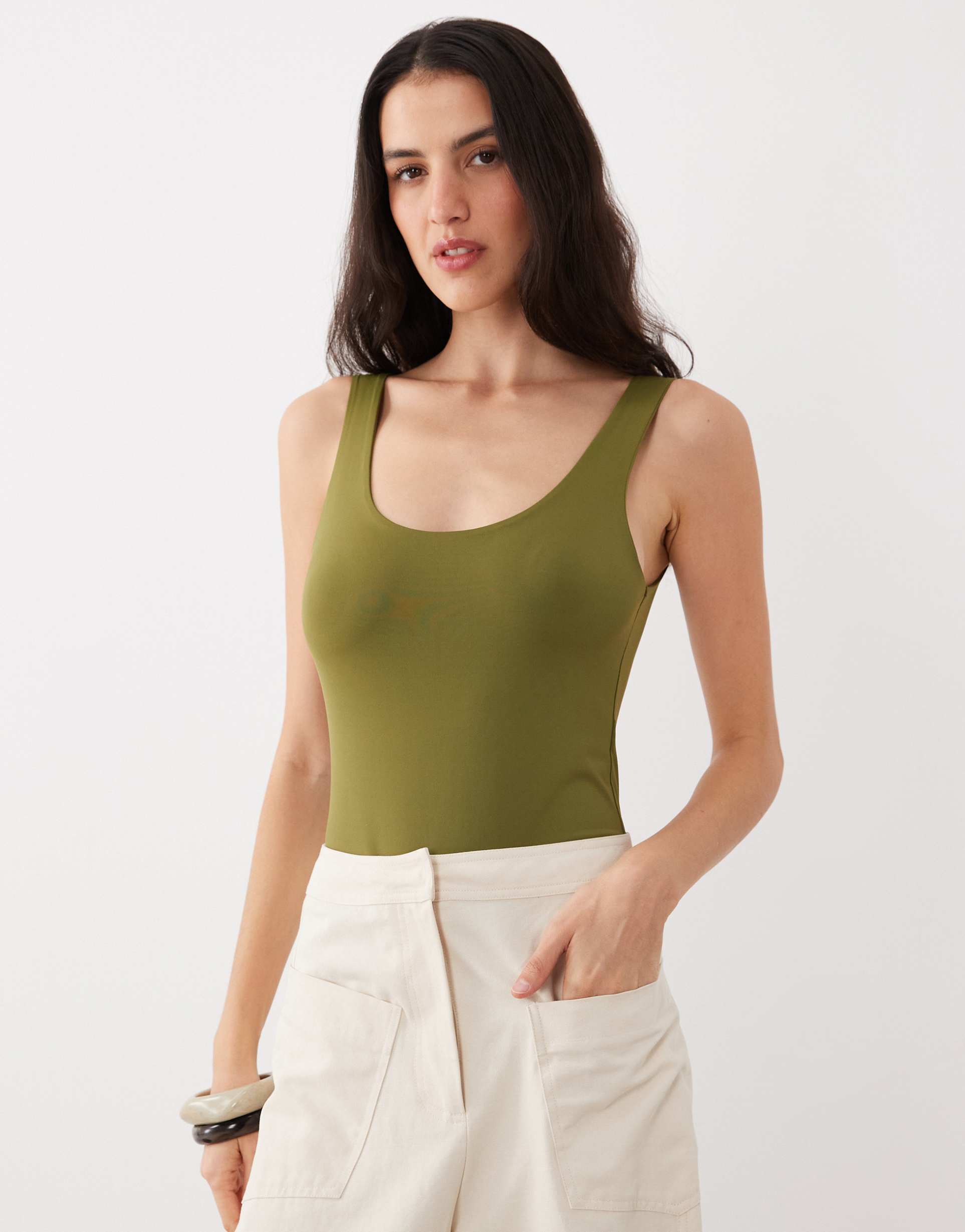 asos design polyamide slinky scoop bodysuit in khaki