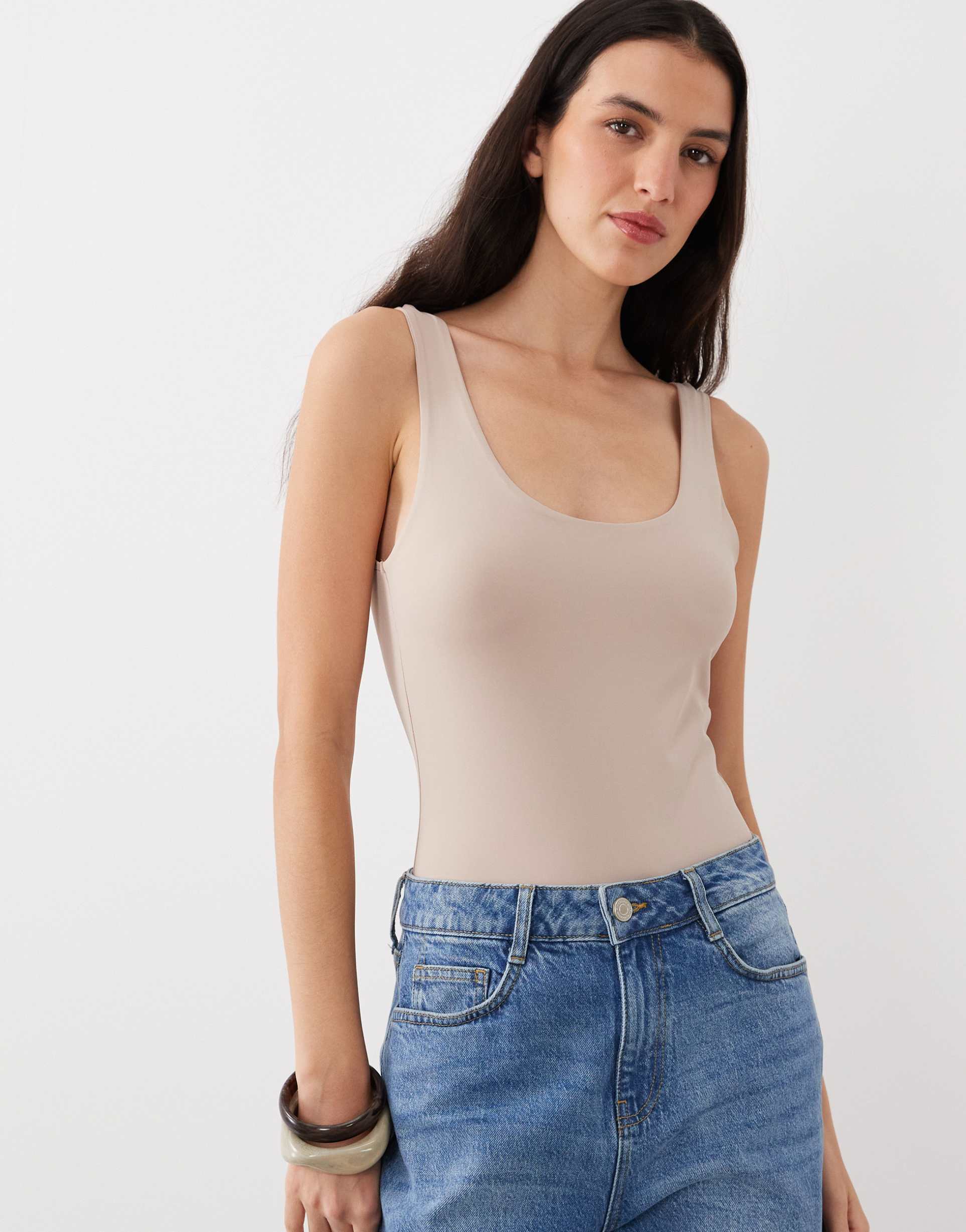asos design polyamide slinky scoop bodysuit in stone