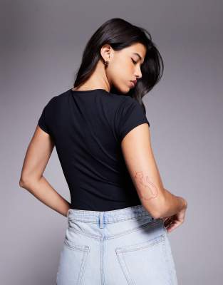 Asos Design Polyamide Slinky Short Sleeve Bodysuit In Black