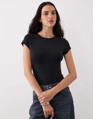 Asos Design Polyamide Slinky Short Sleeve Bodysuit In Black