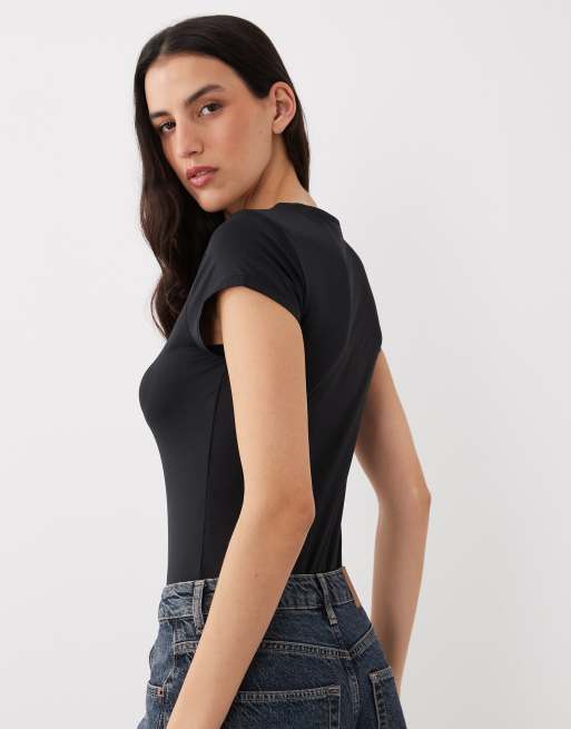 ASOS DESIGN polyamide slinky short sleeve bodysuit in black, 4 of 4