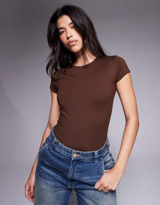 ASOS DESIGN polyamide slinky short sleeve bodysuit in brown