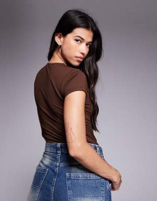Asos Design Polyamide Slinky Short Sleeve Bodysuit In Brown