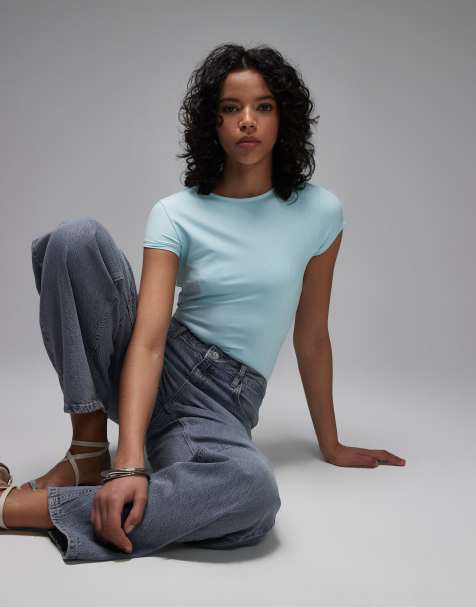 ASOS DESIGN polyamide slinky short sleeve bodysuit in light blue - view 1