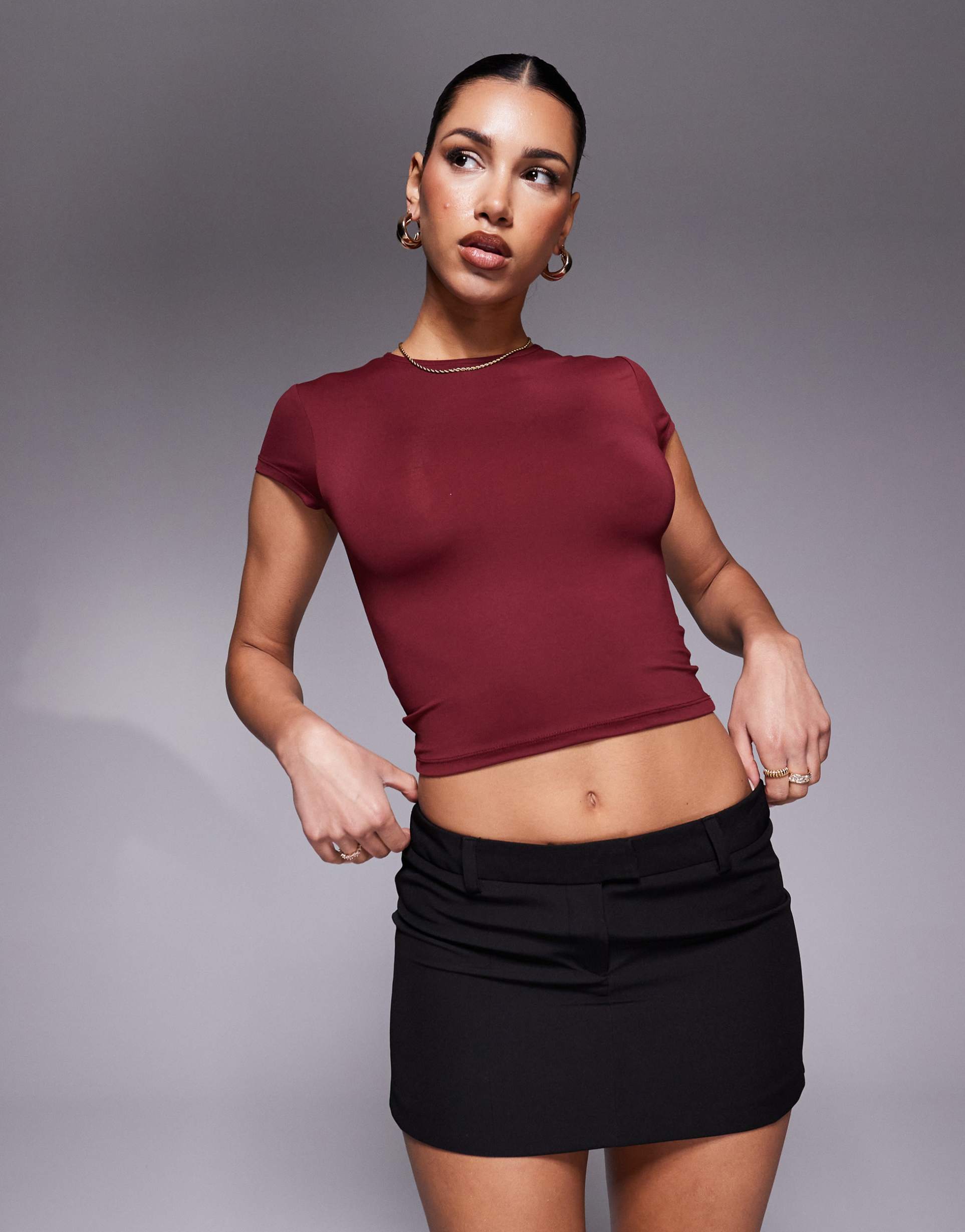 asos design polyamide slinky short sleeve top in burgundy