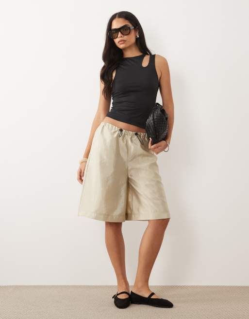 ASOS DESIGN polyamide slinky slash cut out shoulder racer top in black, 2 of 4