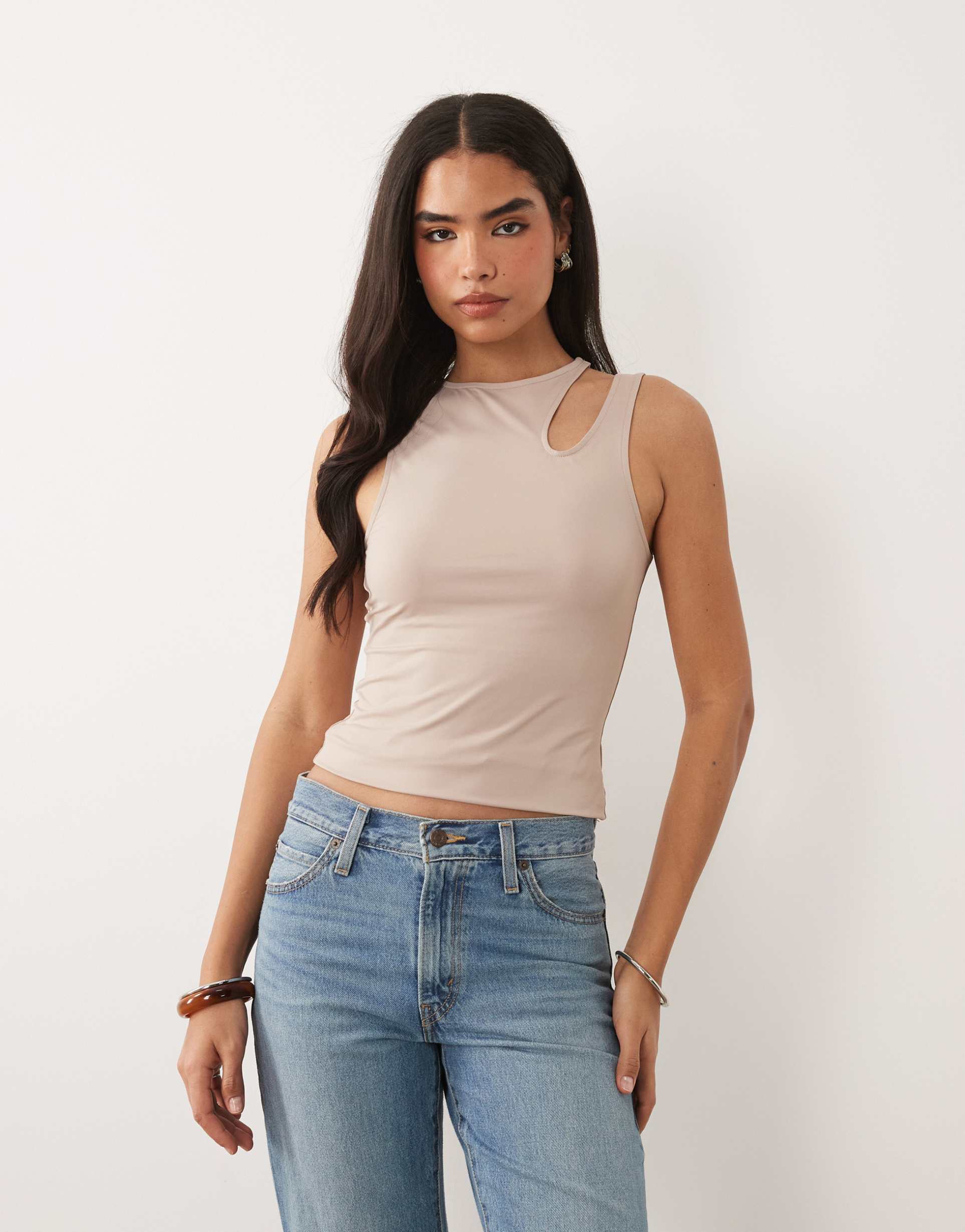 asos design polyamide slinky slash cut-out shoulder racer top in stone