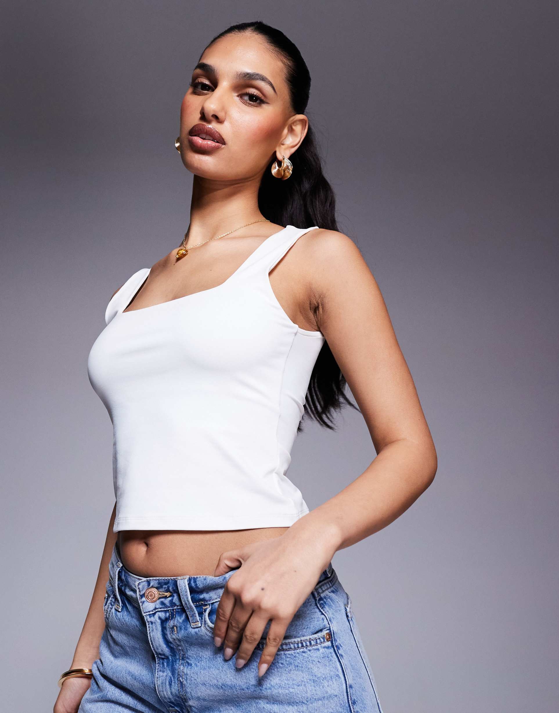 asos design polyamide slinky square neck top in ivory