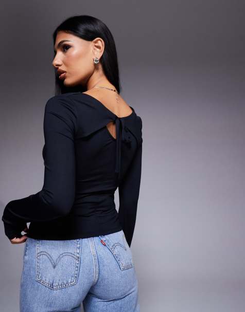 ASOS DESIGN polyamide slinky square neck top with tie back detail in black - view 1