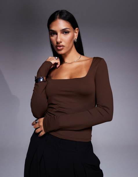ASOS DESIGN polyamide slinky square neck top with tie back detail in chocolate - view 1