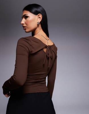 Asos Design Polyamide Slinky Square Neck Top With Tie Back Detail In Brown