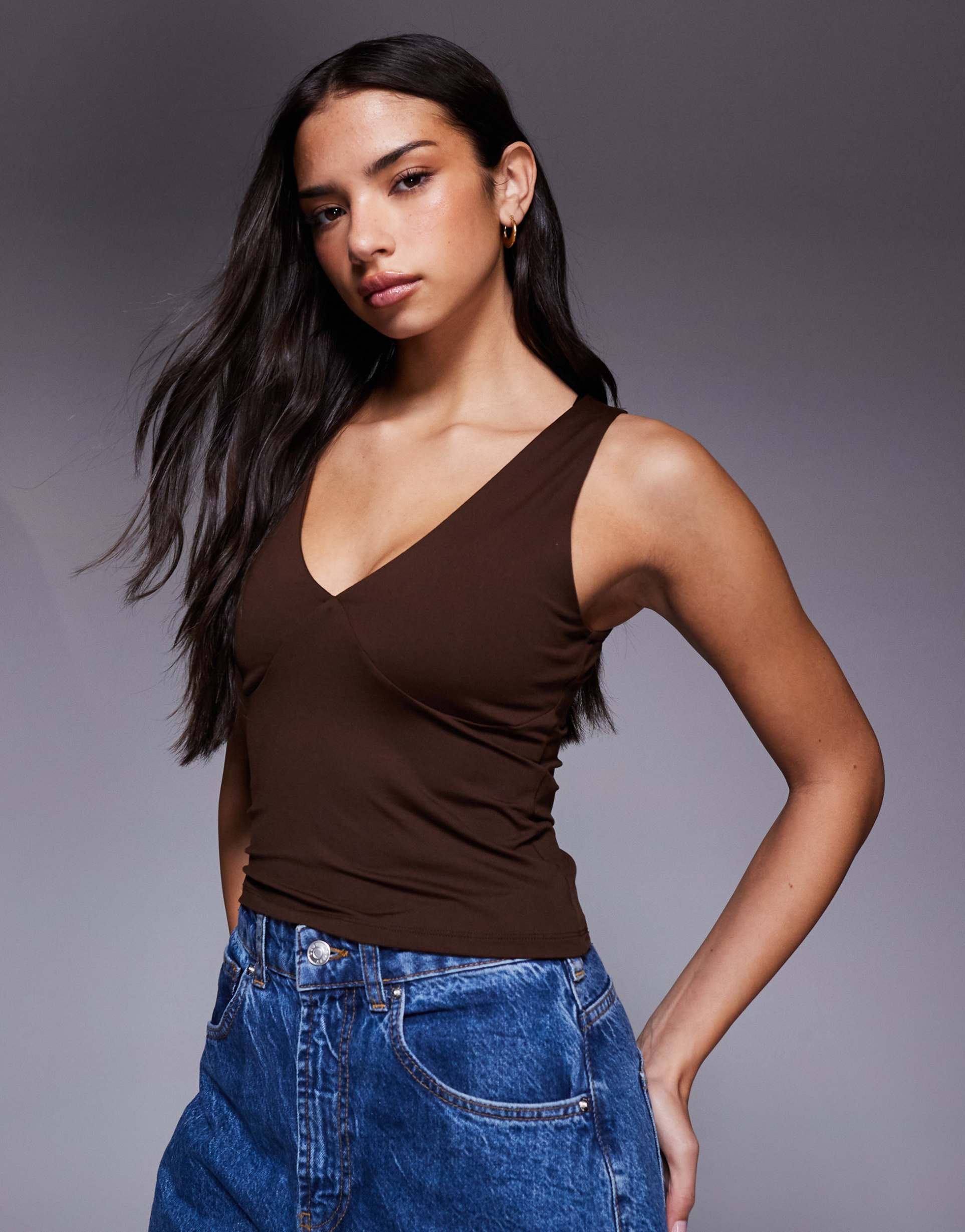 asos design polyamide slinky top with plunge neck in brown