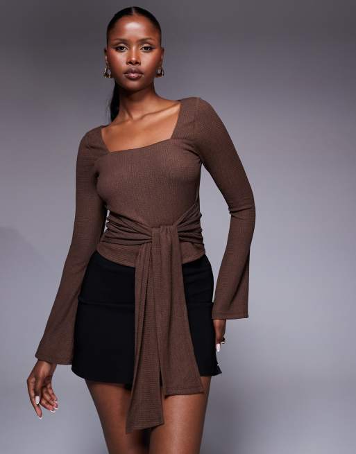 ASOS DESIGN polyamide slinky top with square neck in brown