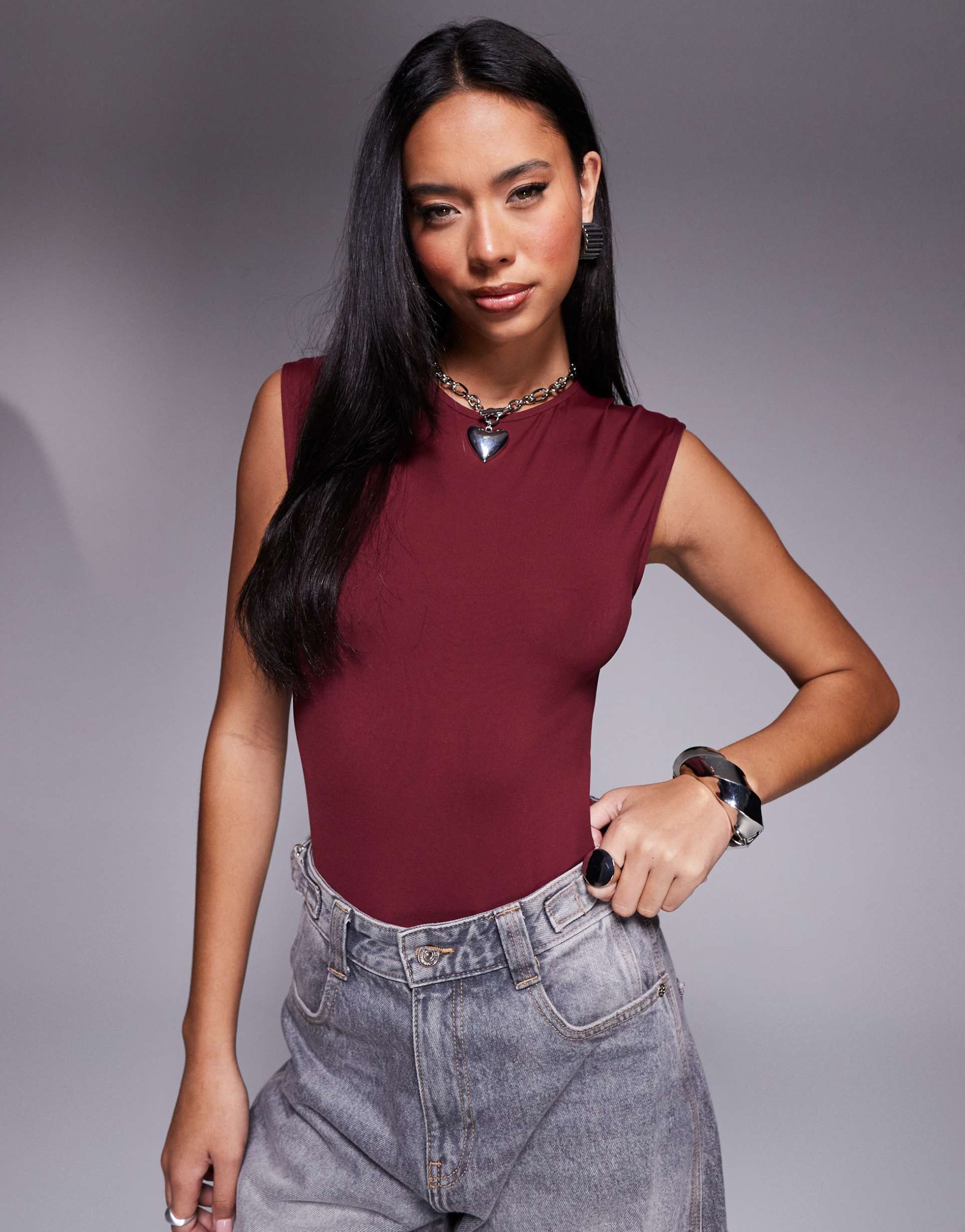 asos design polyamide slinky wide shoulder sleeveless bodysuit in burgundy