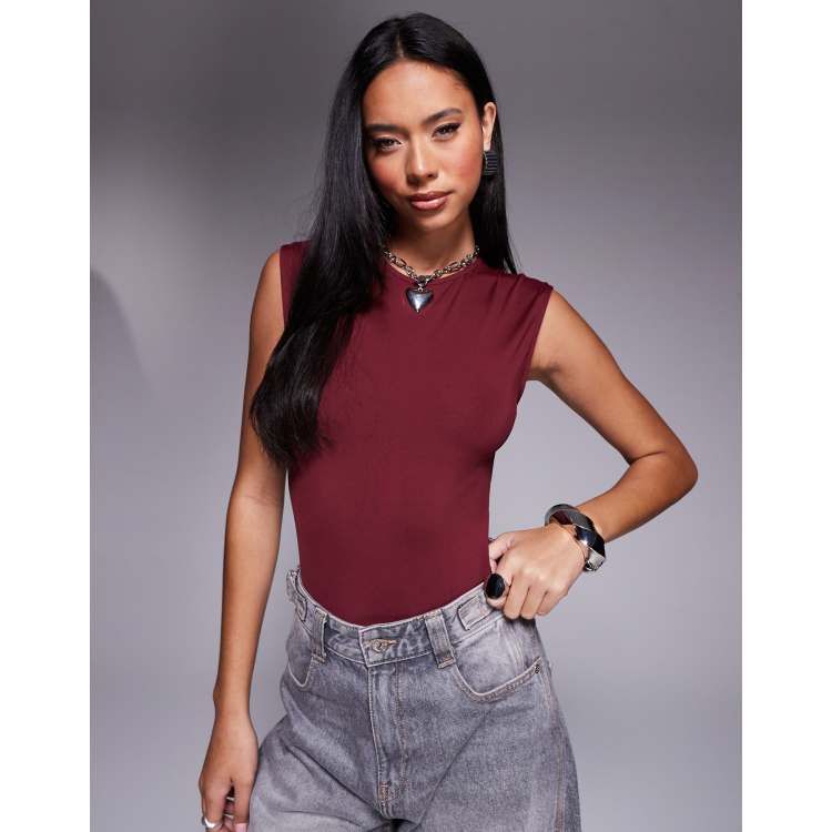 MANGOPOP Women's Square Neck Backless Bodysuit - Sleeveless Tank Top With Snap Closure (Burgundy, Large)