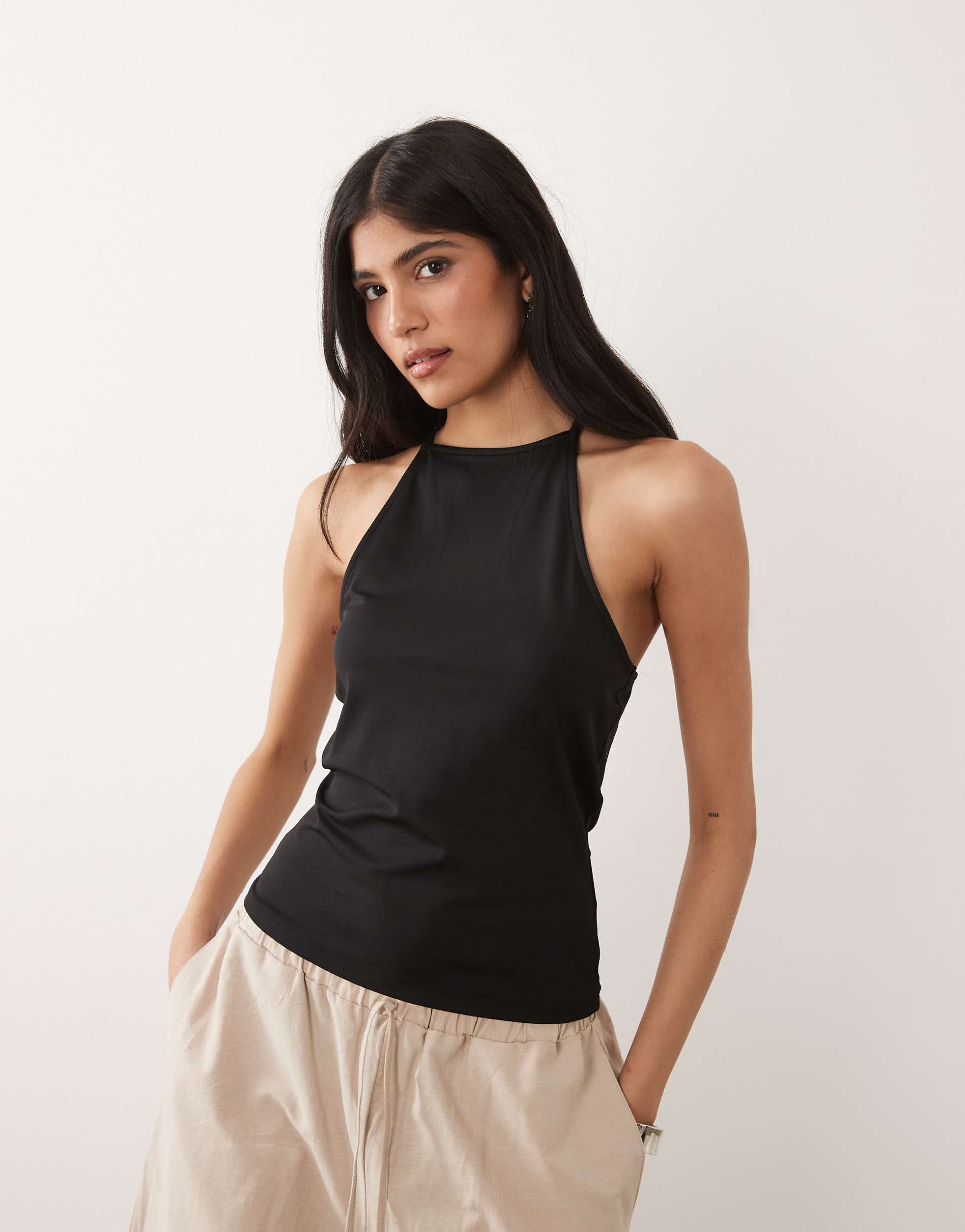 asos design polyamide strappy racer back detail top in black