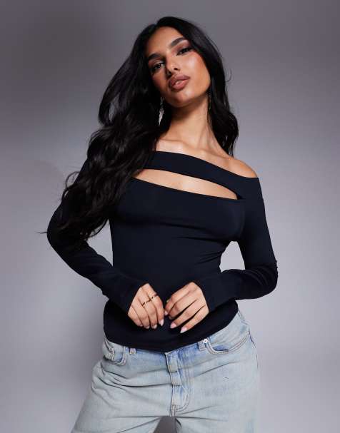 ASOS DESIGN polyamide top with cut out detail in black - view 1