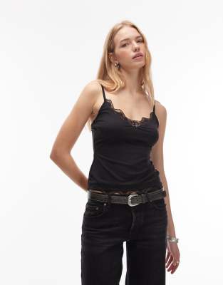 Asos Design Polyamide Trim Lace Trim Cami In Black