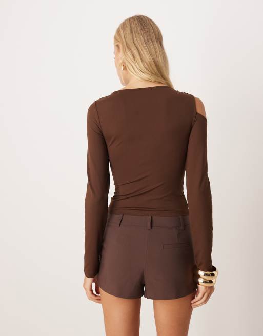ASOS DESIGN polyamide twist cold shoulder top in chocolate, 3 of 4