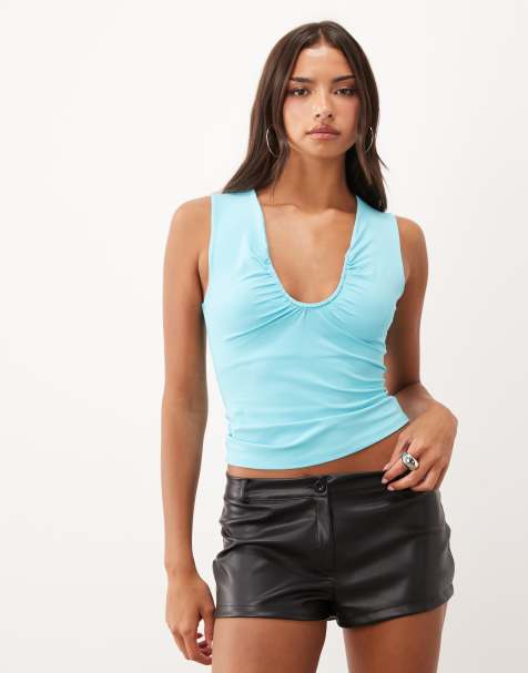 ASOS DESIGN polyamide U-trim scooped neck top in aqua - view 1
