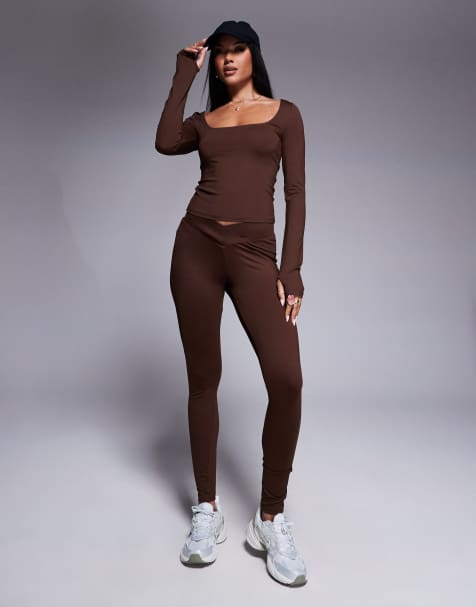 ASOS DESIGN square neck polyamide top with thumb holes and leggings set in brown - view 1