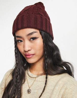 ASOS DESIGN polyester cable knit beanie in burgundy